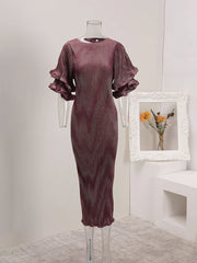 Wine Metallic Pleated Midi Dress