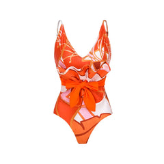 Vibrant Orange & White Swirl Print Swimsuit with Matching Cover-Up