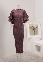 Wine Metallic Pleated Midi Dress