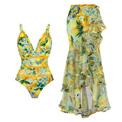 Watercolor Tropical Ruffle Detail Swimsuit