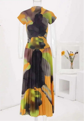 Abstract Sunset Pleated Midi Dress