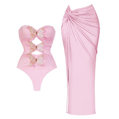 Pink Butterfly Cutout Swimsuit with Ruffled Tulle Maxi Skirt Set