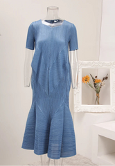 Modern Blue Pleated Midi Dress
