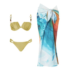 Metallic Brown Two-Piece Swimsuit with Unique Chain Straps & Patterned Wrap