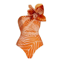 Sunny Citrus Swirl One-Shoulder Bikini with Floral Detail and Ruffle Sarong