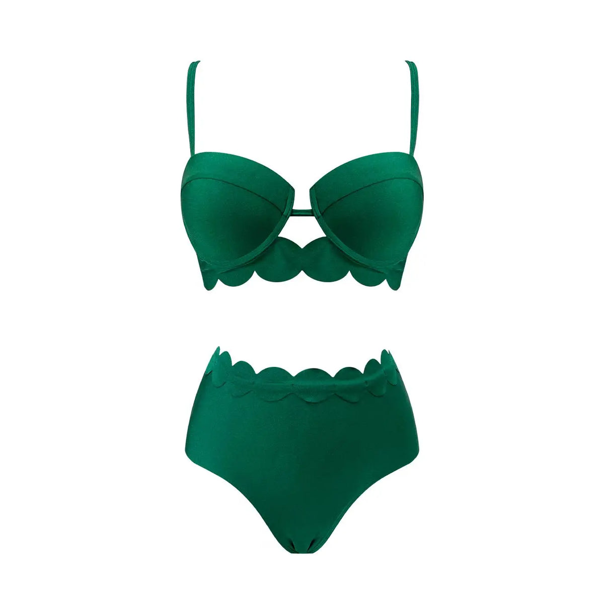 Deep Green Geo-Cut Swimsuit with Scalloped Trim and Skirt