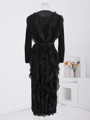 Elegant Black Ruffle Mesh Maxi Dress