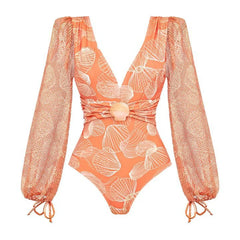 Coral Seashell Print Long Sleeve Swimsuit with Matching Harem Sarong