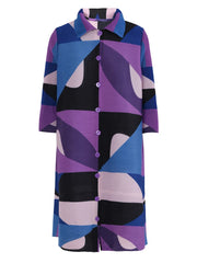 Statement Purple & Black Geometric Midi Shirt‑Dress
