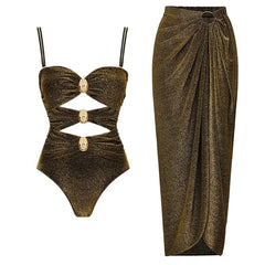 Metallic Colorblock Swimsuit & Ruched Maxi Cover-Up Skirt