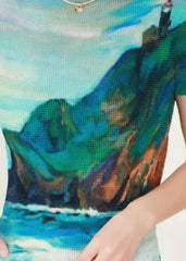 Navy Multicolor Leaf Print Pleated Knit Top