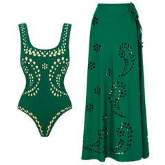 Emerald Breeze Laser-Cut Swimsuit & Matching Wrap Skirt Set