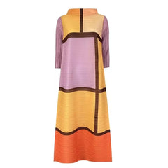 Retro Colorblock Pleated A-Line Midi Dress