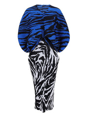 Zebra Print Contrast Pleated Batwing Maxi Dress