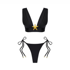 Starfish Bikini Set with Sheer Mesh Drawstring Cover-Up Skirt