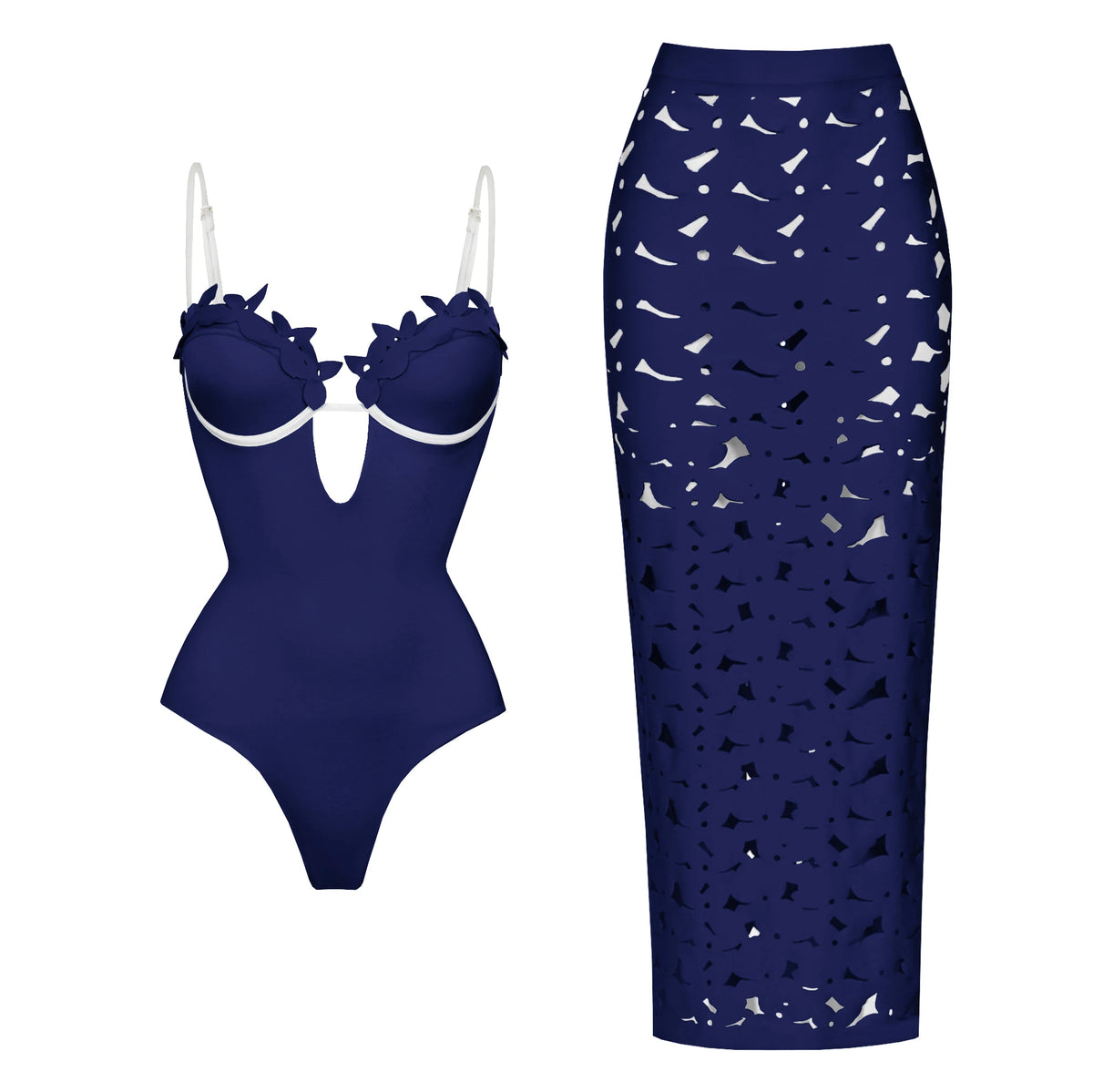 Midnight Bloom Laser-Cut Swimsuit and Skirt Set