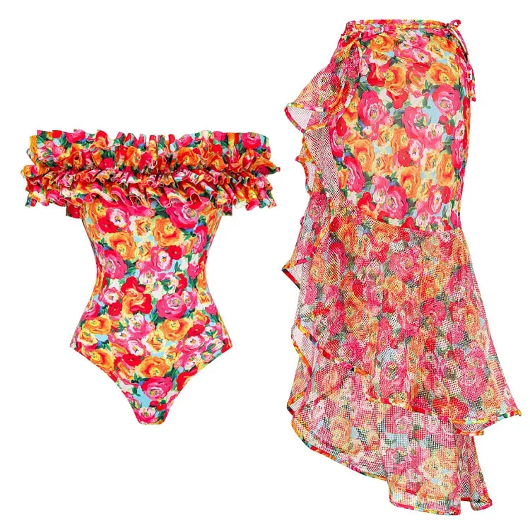 Fiesta Floral Print Swimsuit with Cascading Ruffle Wrap Skirt