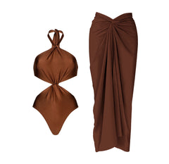 Mocha Twist Halter Cut-Out Swimsuit with Draped Maxi Skirt Set