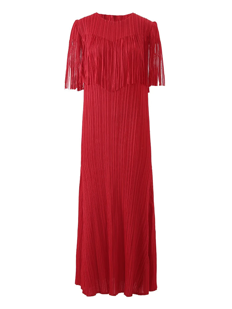 Red Ruffled Fringe High‑Neck Pleated Midi Dress