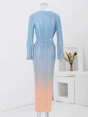 Sky‑To‑Sand Pastel Ombre Pleated Maxi Dress