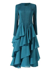 Teal Long Sleeve Pleated Bodice Dress