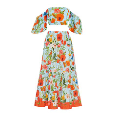 Summer Garden Print Off-the-Shoulder Swimsuit with Flowing Floral Maxi Skirt