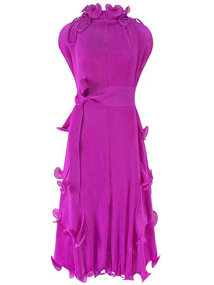 High‑Neck Pleated Tiered Midi Dress