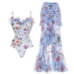 Feminine Ruffle Detail Floral Swimwear