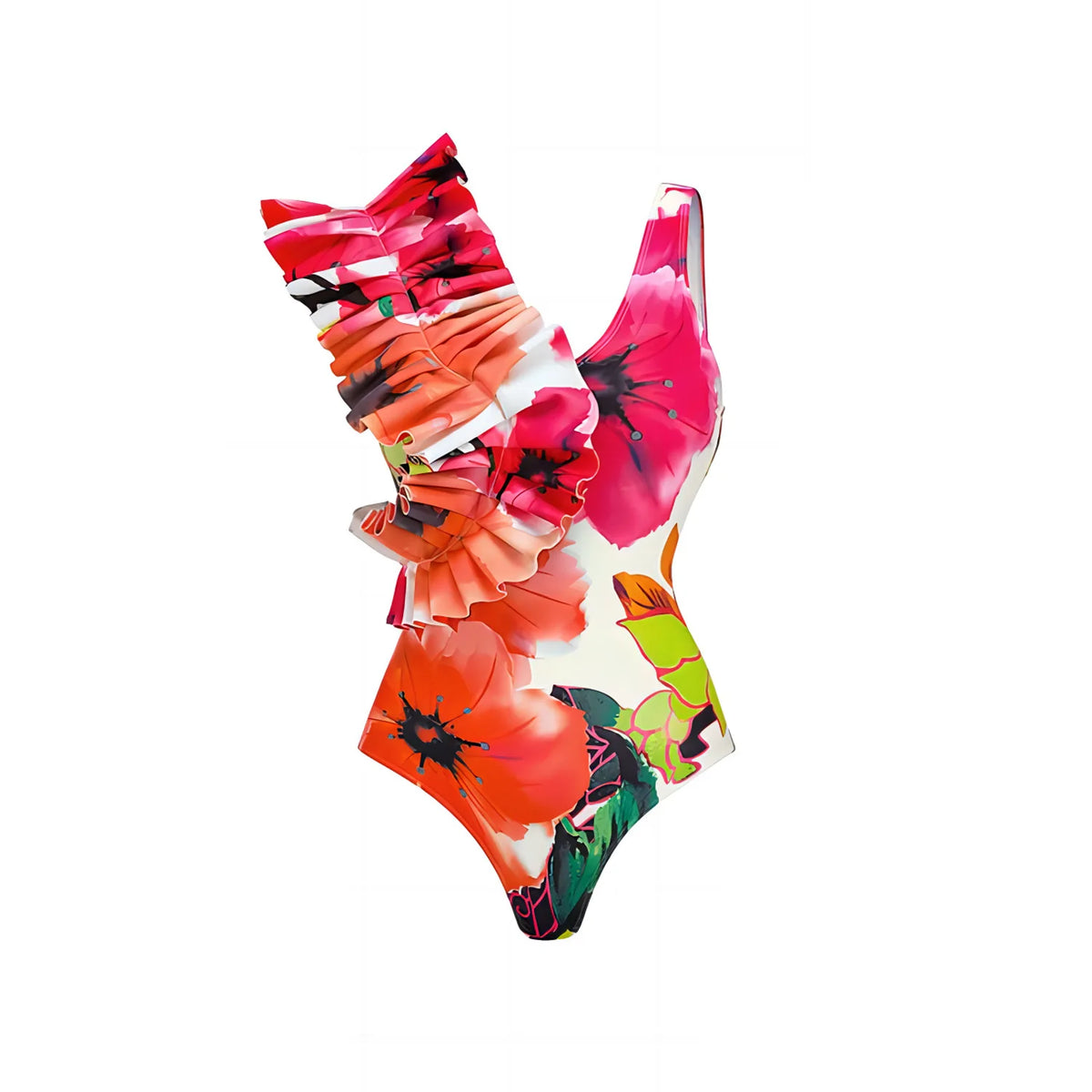 Asymmetrical Ruffle Floral Swimsuit with Matching Tiered Sarong