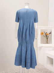 Modern Blue Pleated Midi Dress