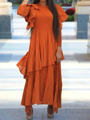 Rust Ruffle Sleeve Asymmetrical Maxi Dress
