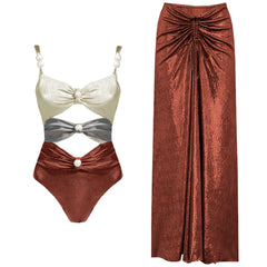 Tri-Tone Metallic Cutout Swimsuit with Matching Bronze Skirt