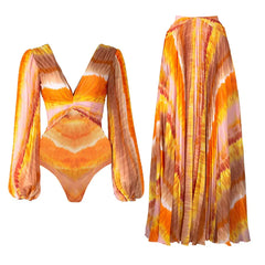 Sunset Mirage Pleated Long Sleeve Swimsuit with Matching Maxi Skirt