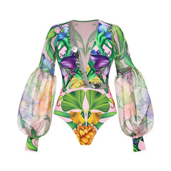 Sunset Mirage Pleated Long Sleeve Swimsuit with Matching Maxi Skirt