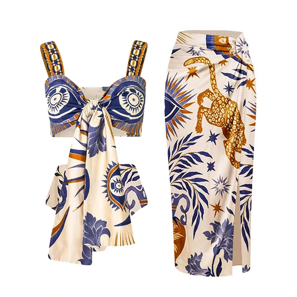 Wildflower and Feline Motif Two-Piece Outfit