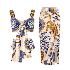 Wildflower and Feline Motif Two-Piece Outfit