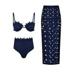 Navy Petal Edge Swimsuit with Geometric Laser-Cut Sarong