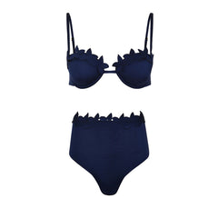 Navy Petal Edge Swimsuit with Geometric Laser-Cut Sarong