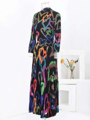 Rainbow Heart Print Pleated Midi Dress