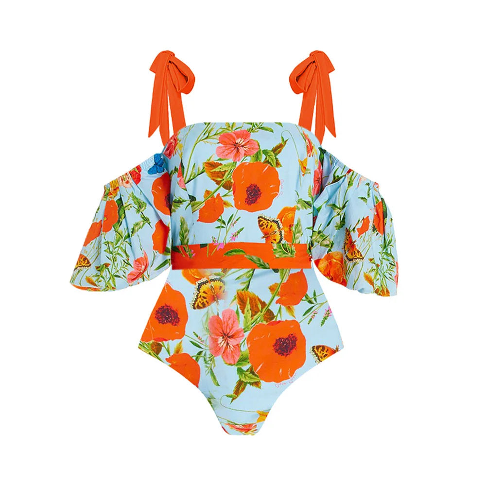 Summer Garden Print Off-the-Shoulder Swimsuit with Flowing Floral Maxi Skirt