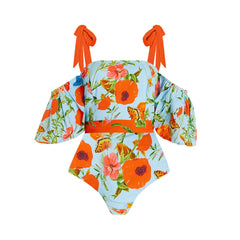 Summer Garden Print Off-the-Shoulder Swimsuit with Flowing Floral Maxi Skirt