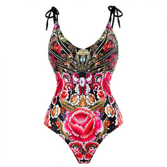 Dark Floral Print Tie-Shoulder Swimsuit with Matching Sheer Sarong