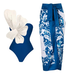 Azure Bloom One-Shoulder Swimsuit with White Floral Detail and Sarong