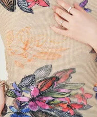 Navy Multicolor Leaf Print Pleated Knit Top