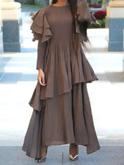 Rust Ruffle Sleeve Asymmetrical Maxi Dress