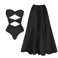 Crisscross Cutout One-Piece Swimsuit with Ruched Maxi Skirt