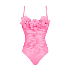 Bright Pink Ruched Swimwear with Flower Accents