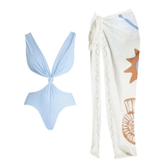 Light Blue Knot Front Cutout Swimsuit with Abstract Print Sarong