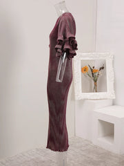 Wine Metallic Pleated Midi Dress