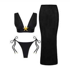 Starfish Bikini Set with Sheer Mesh Drawstring Cover-Up Skirt